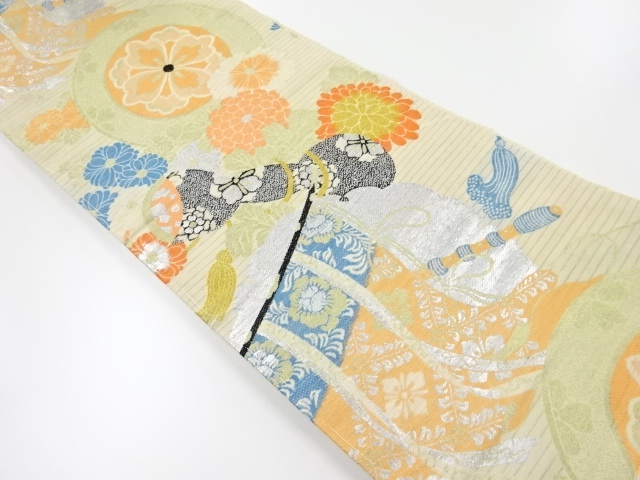 アンティーク　絽菊に和楽器・几帳模様織り出し丸帯（材料）